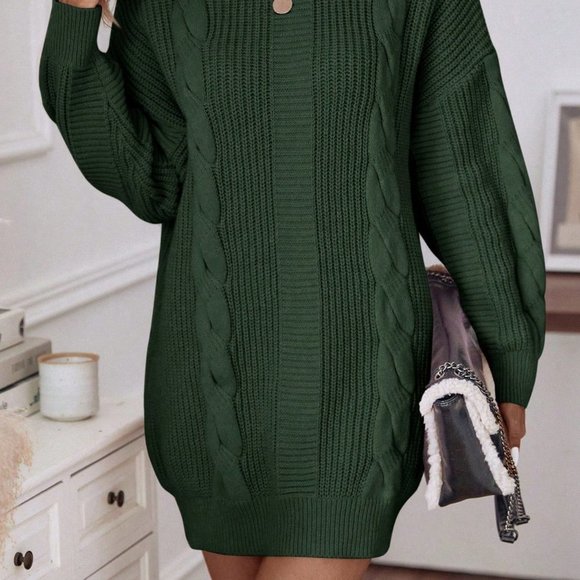 Green Casual Womens Turtleneck Cable Knit Drop Shoulder Sweater Dress - Picture 3 of 6